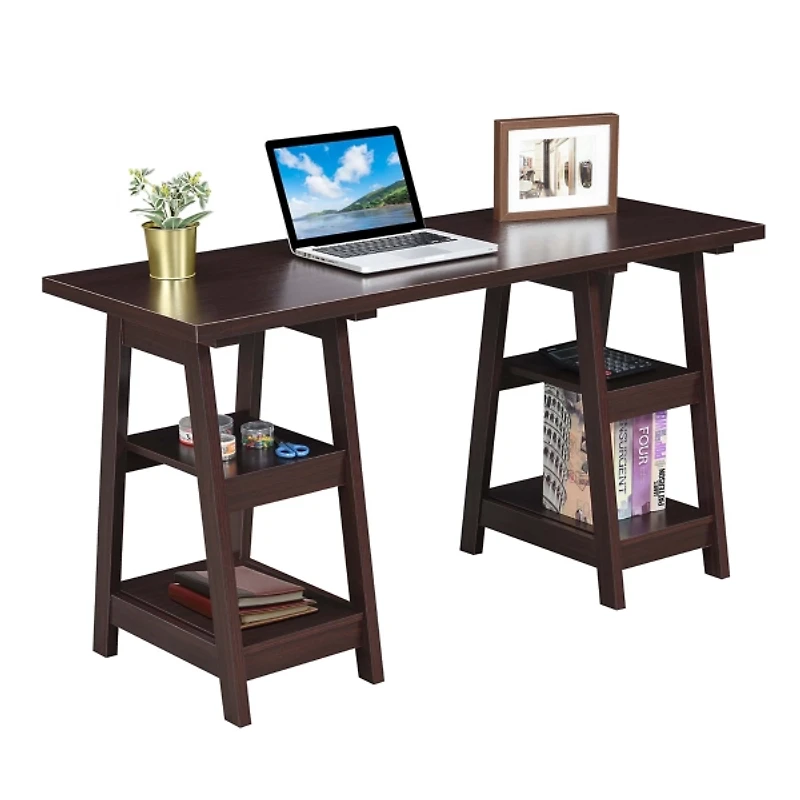 Mocha Brown Double Trestle Desk with Shelves