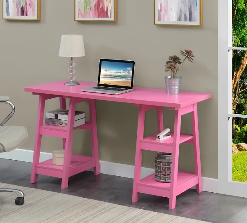 Hot Pink Double Trestle Desk with Shelves