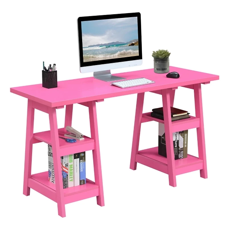 Hot Pink Double Trestle Desk with Shelves