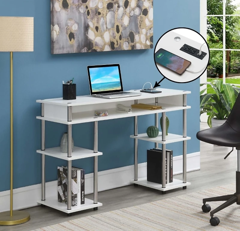 White Storage Desk with Charging Station