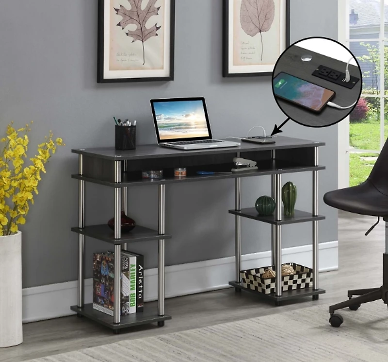 Gray Storage Desk with Charging Station