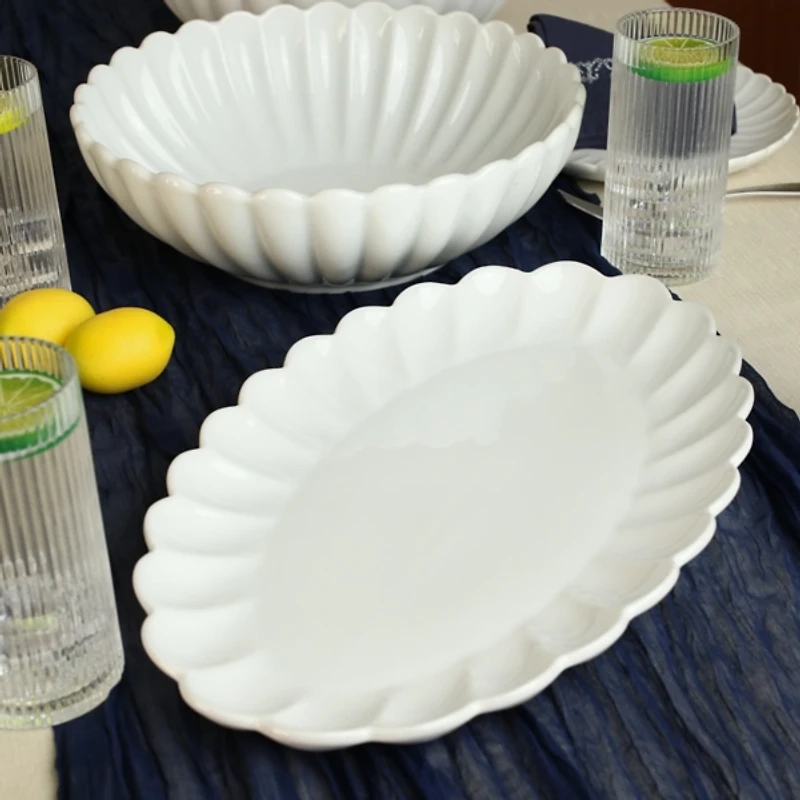 White Porcelain Petal Serving Bowl & Platter Set
