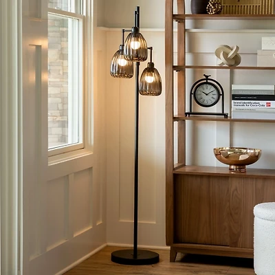 Black Ribbed Glass 3-Arm Floor Lamp