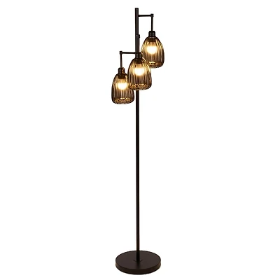 Black Ribbed Glass 3-Arm Floor Lamp