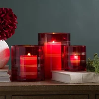 Red Plaid Cut Glass Hurricanes, Set of 3