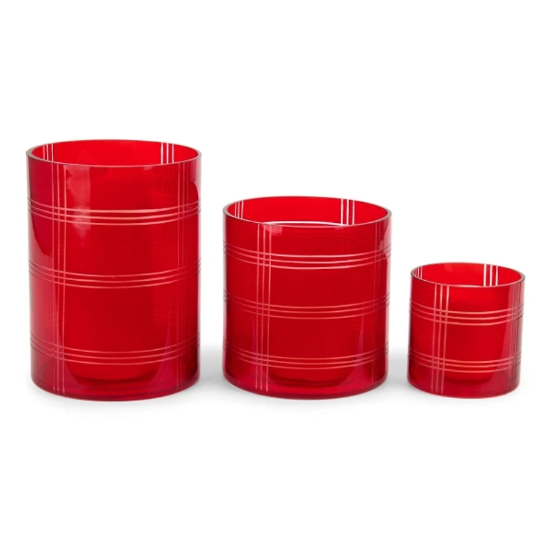 Red Plaid Cut Glass Hurricanes, Set of 3