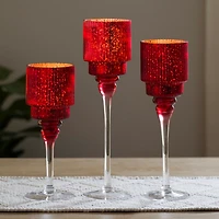 Red Optic Glass Stemmed Hurricanes, Set of 3