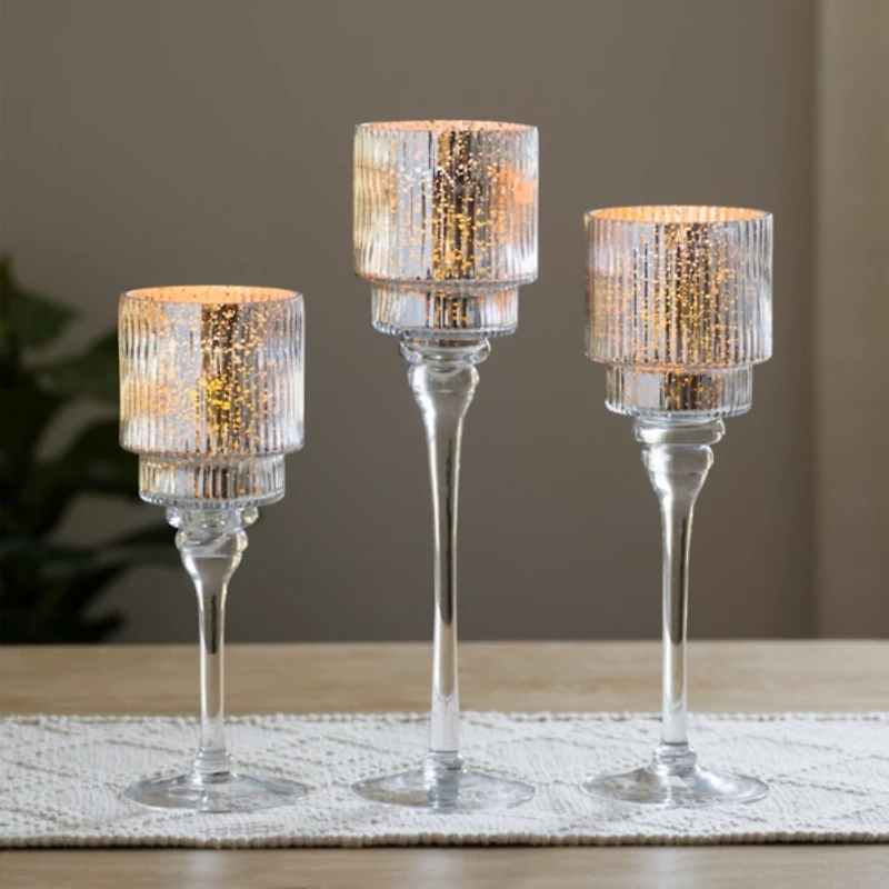 Silver Optic Glass Stemmed Hurricanes, Set of 3