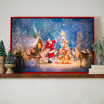 LED Santa with Reindeer Framed Canvas Art Print