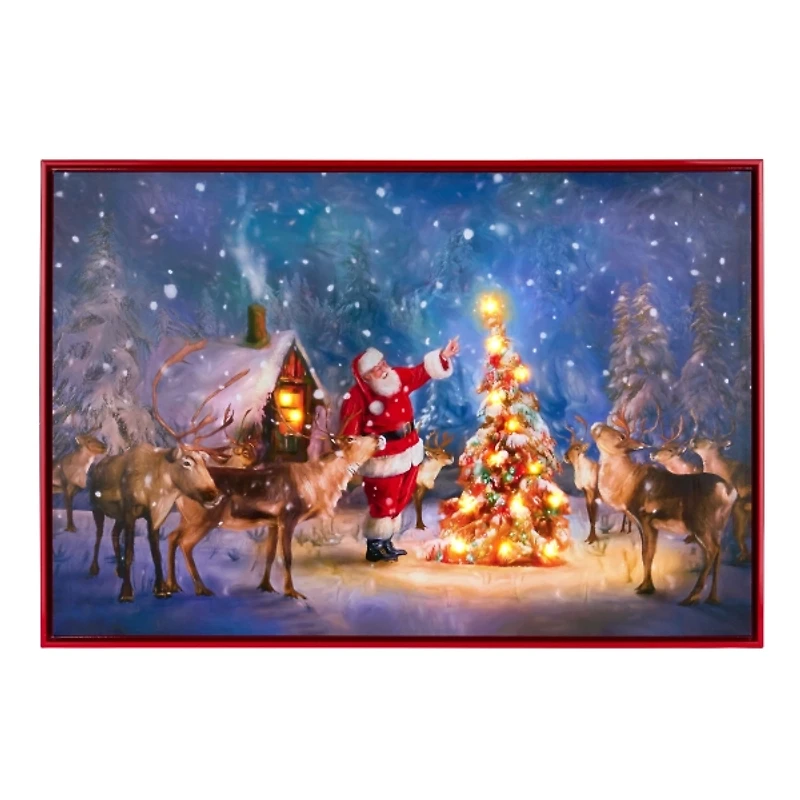 LED Santa with Reindeer Framed Canvas Art Print