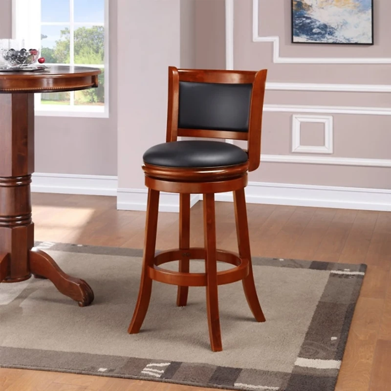 Cherry Wood & Faux Leather August Swivel Bar Stool