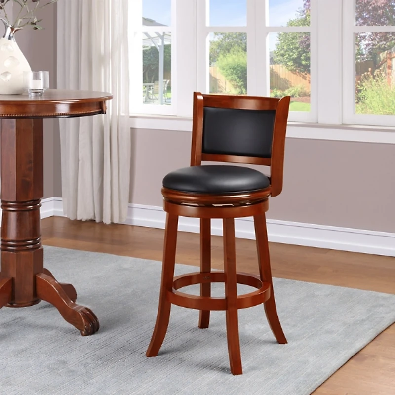 Cherry Wood & Faux Leather August Swivel Bar Stool