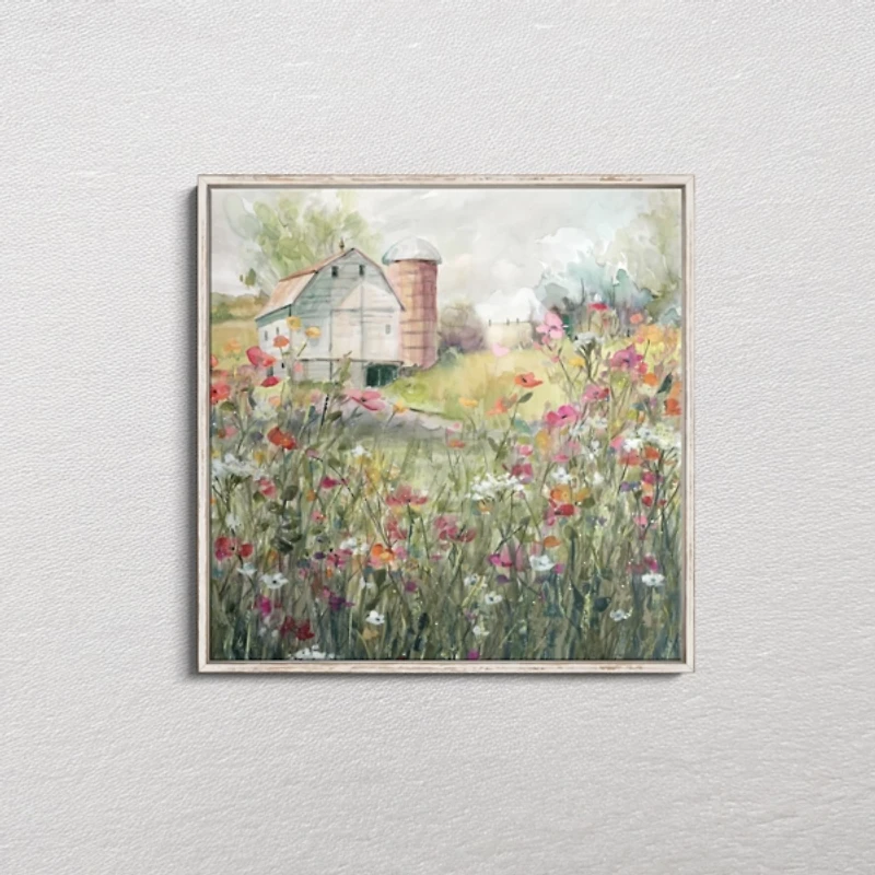 Farm in Bloom White Framed Canvas Art Print