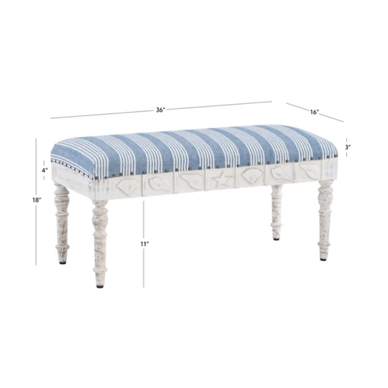 Blue Striped Upholstered Wood Seashell Bench