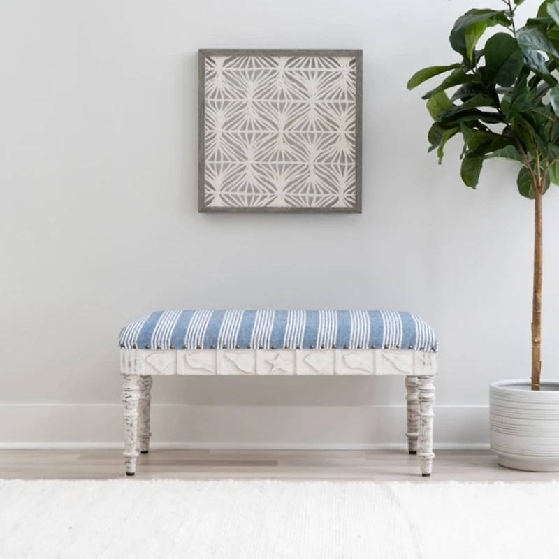 Blue Striped Upholstered Wood Seashell Bench