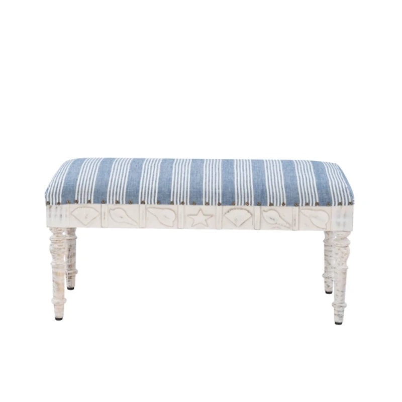 Blue Striped Upholstered Wood Seashell Bench