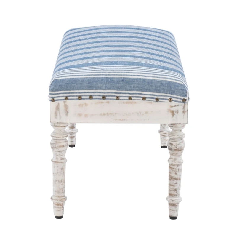 Blue Striped Upholstered Wood Seashell Bench