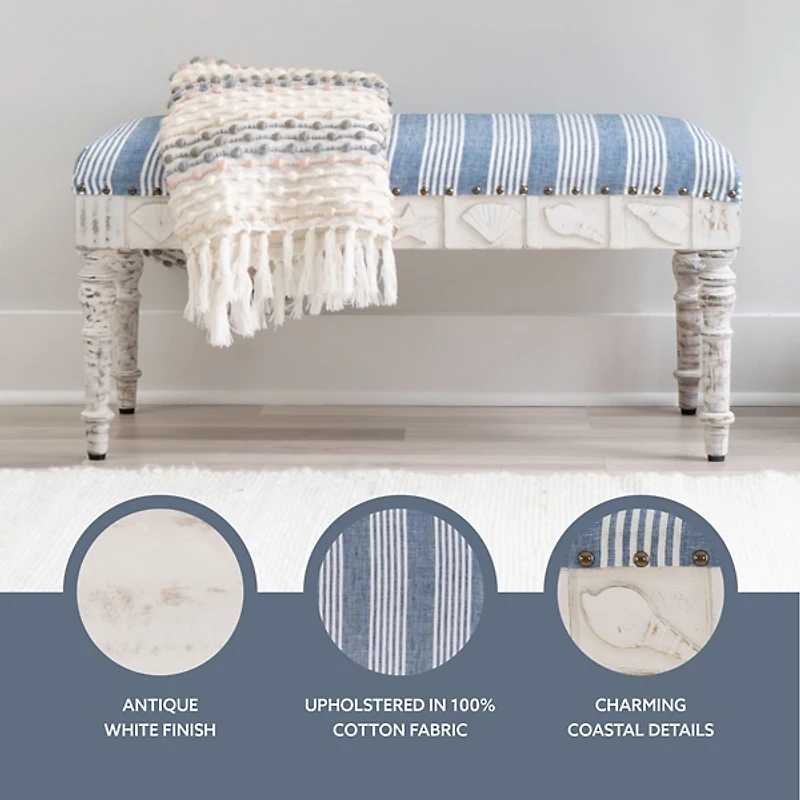 Blue Striped Upholstered Wood Seashell Bench
