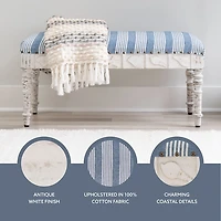 Blue Striped Upholstered Wood Seashell Bench