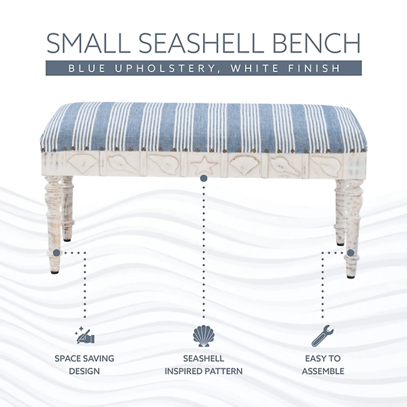 Blue Striped Upholstered Wood Seashell Bench