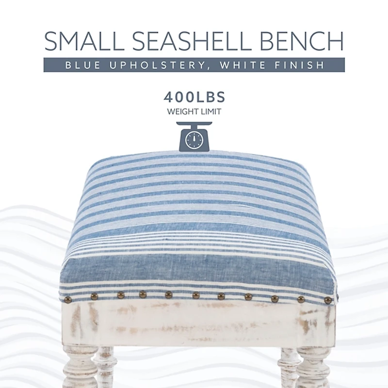 Blue Striped Upholstered Wood Seashell Bench