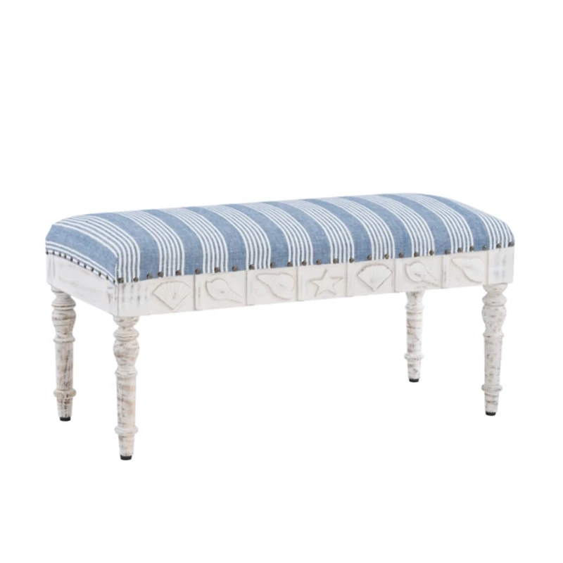 Blue Striped Upholstered Wood Seashell Bench