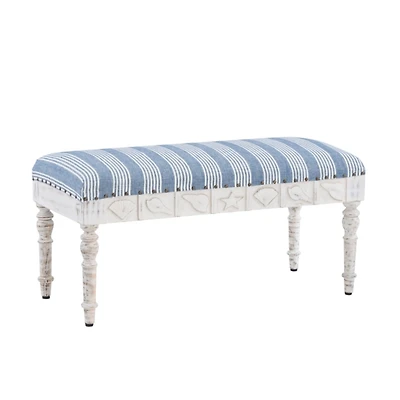 Blue Striped Upholstered Wood Seashell Bench