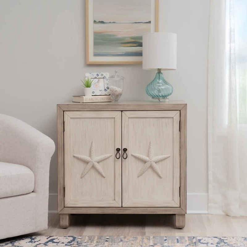 Whitewash Wood 2-Door Starfish Cabinet
