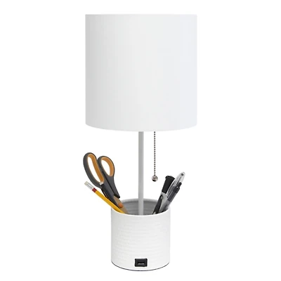 White Hammered Metal Organizer Charging Table Lamp