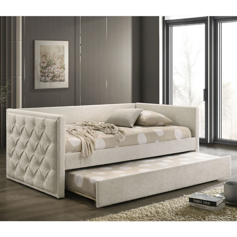 Beige Tufted Upholstered Twin Daybed with Trundle