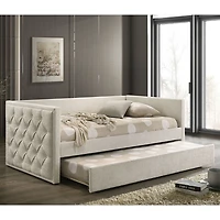 Beige Tufted Upholstered Twin Daybed with Trundle