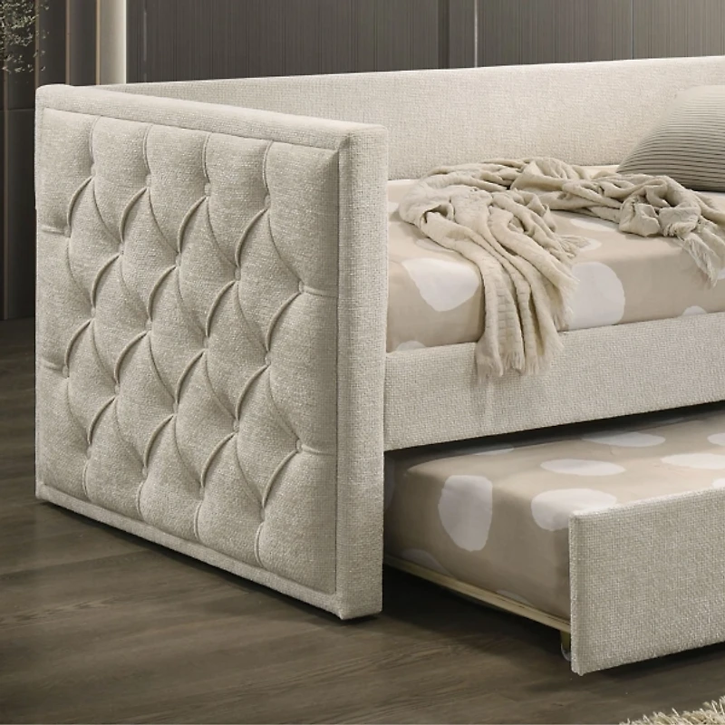 Beige Tufted Upholstered Twin Daybed with Trundle