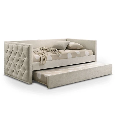 Beige Tufted Upholstered Twin Daybed with Trundle