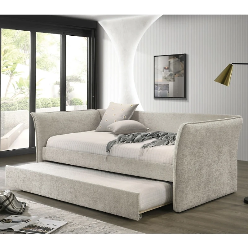 Beige Upholstered Modern Twin Daybed with Trundle