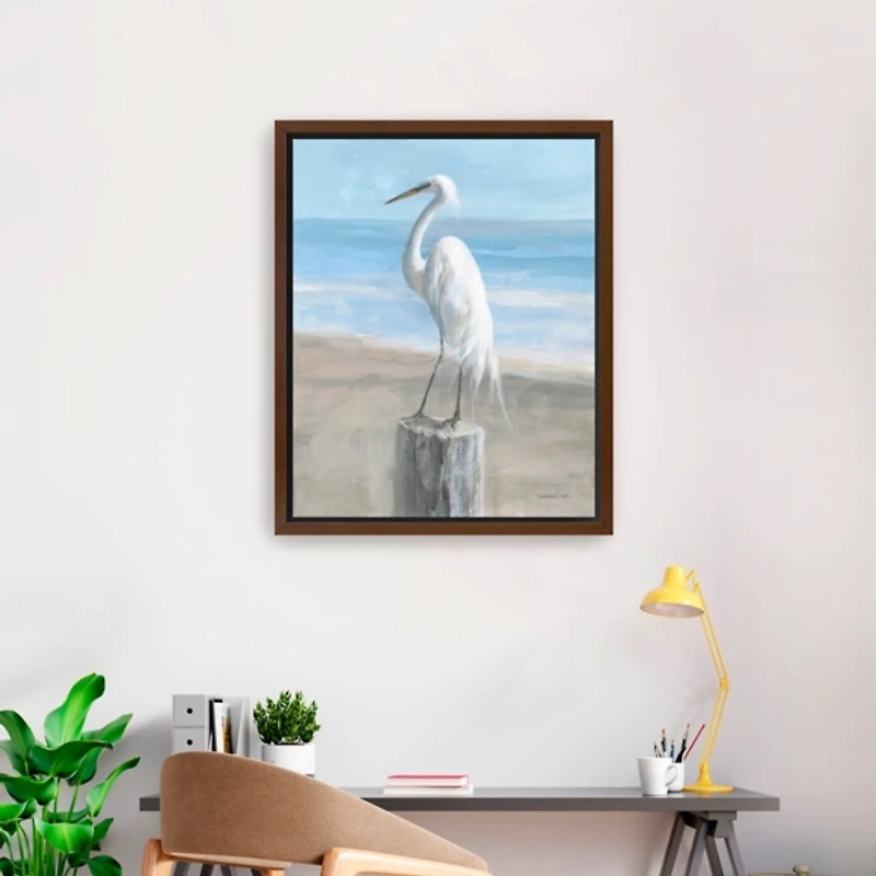 Egret by the Sea Framed Canvas Art Print