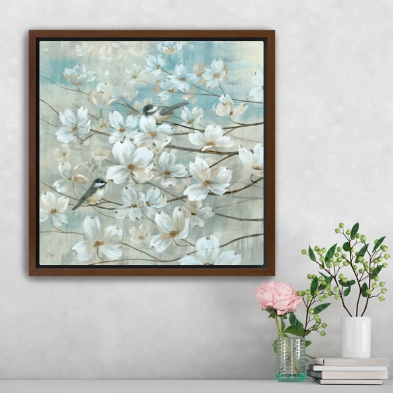 Chickadees and Dogwood Framed Canvas Print