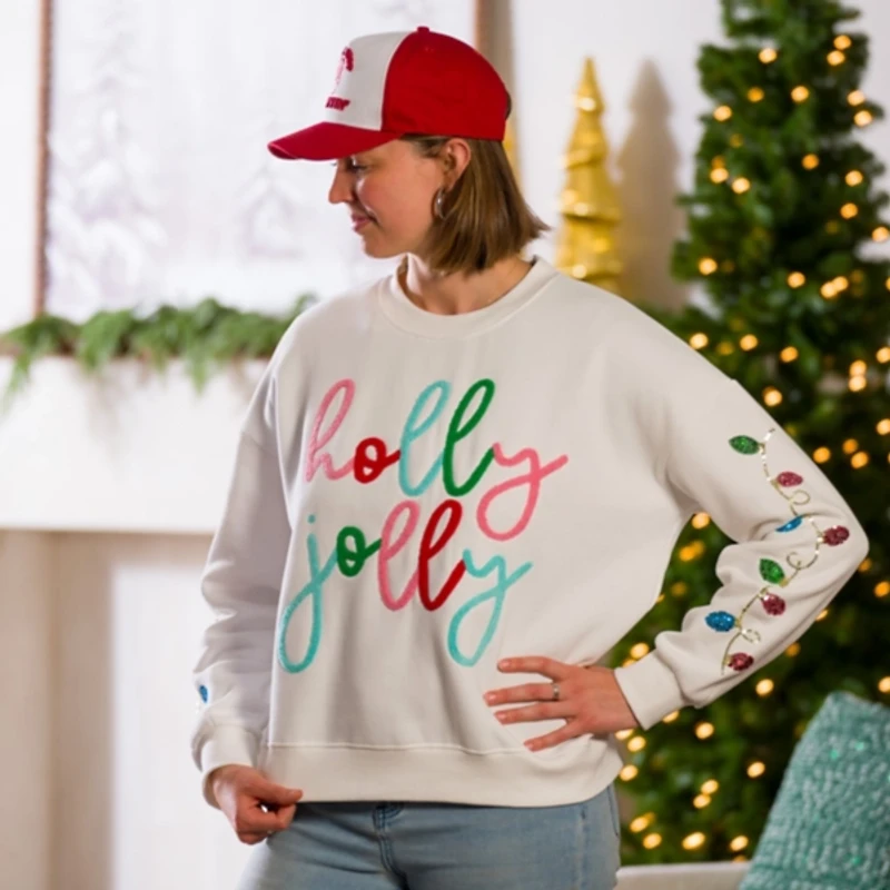 Holly Jolly Sequin Bulb Sleeve Small Sweatshirt