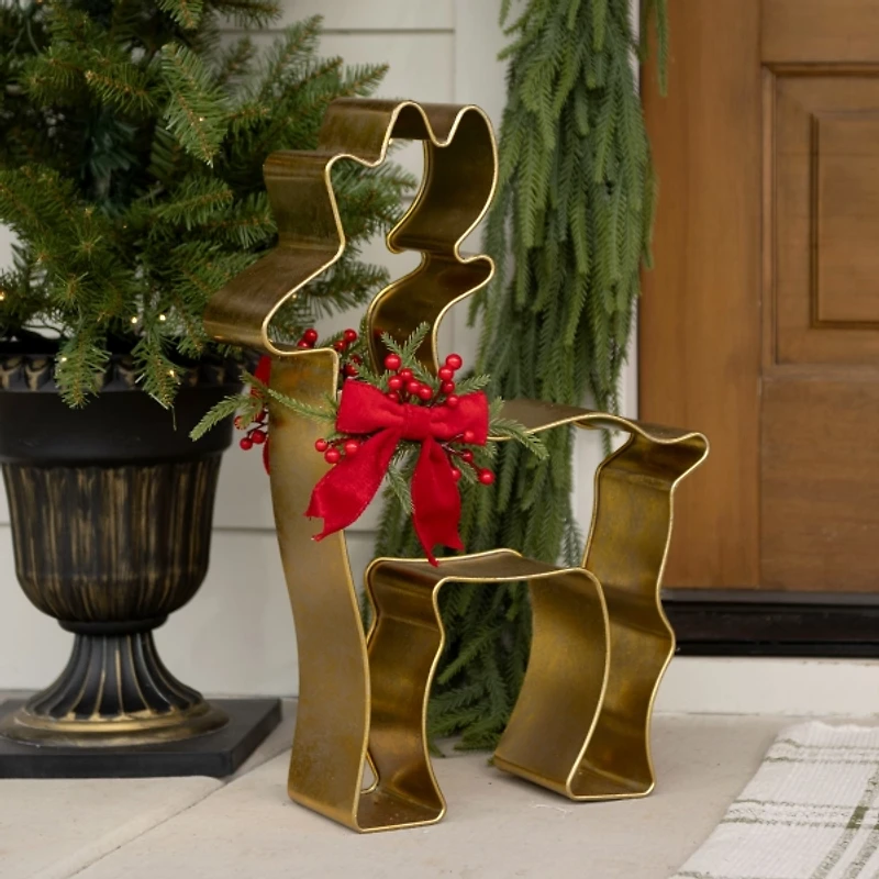 Gold Deer with Bow Outdoor Statue, 30 in.