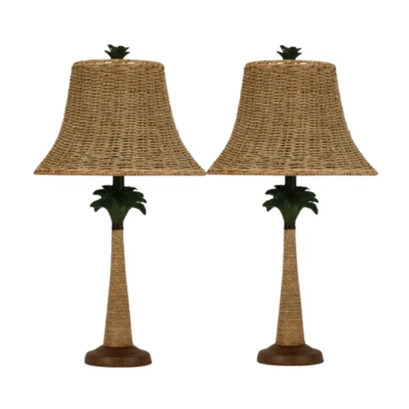 Palm Tree Table Lamps with Rattan Shades, Set of 2