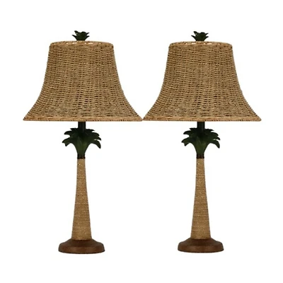 Palm Tree Table Lamps with Rattan Shades, Set of 2