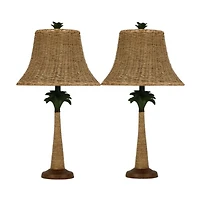 Palm Tree Table Lamps with Rattan Shades, Set of 2