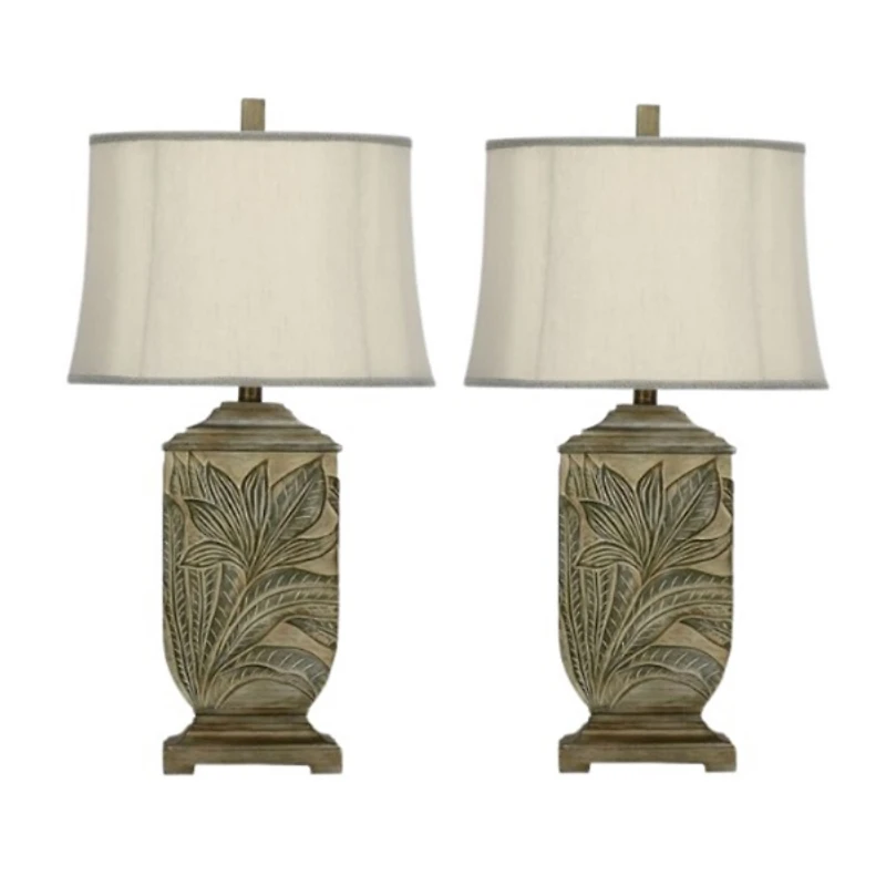 Green Embossed Leaves Table Lamps, Set of 2