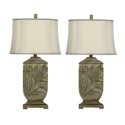 Green Embossed Leaves Table Lamps, Set of 2