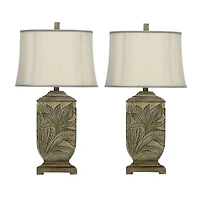 Green Embossed Leaves Table Lamps, Set of 2