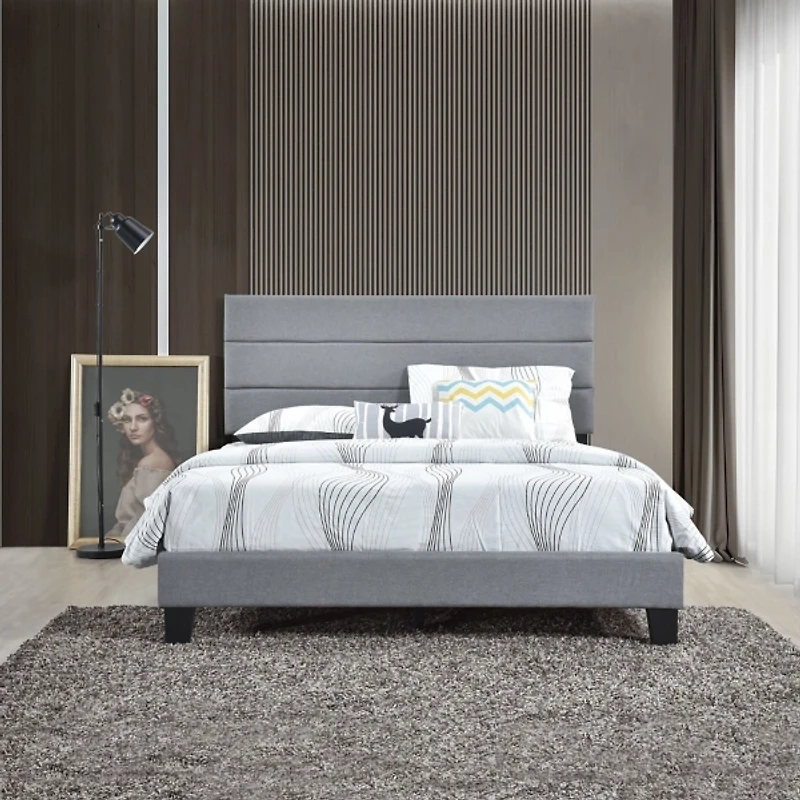 Gray Plush Linen Queen Platform Bed