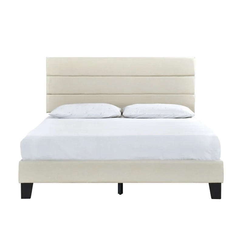Beige Plush Linen Queen Platform Bed