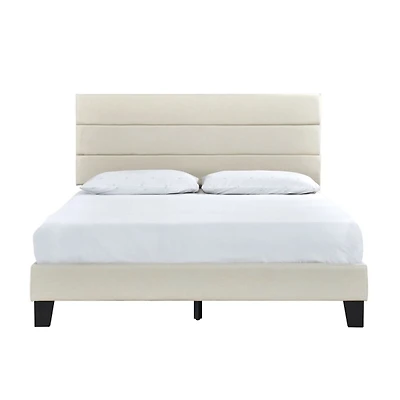 Beige Plush Linen Queen Platform Bed