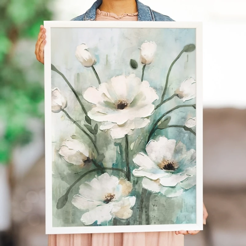 White Painted Flowers Framed Art Print