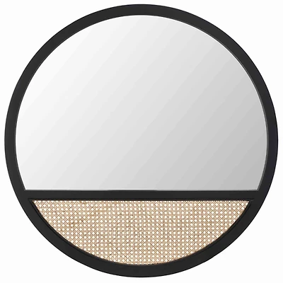 Round Black Wood and Cane Wall Mirror
