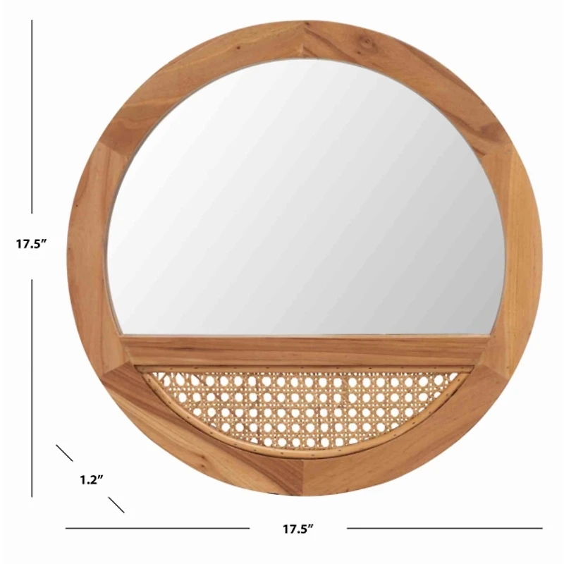 Round Natural Wood and Cane Wall Mirror